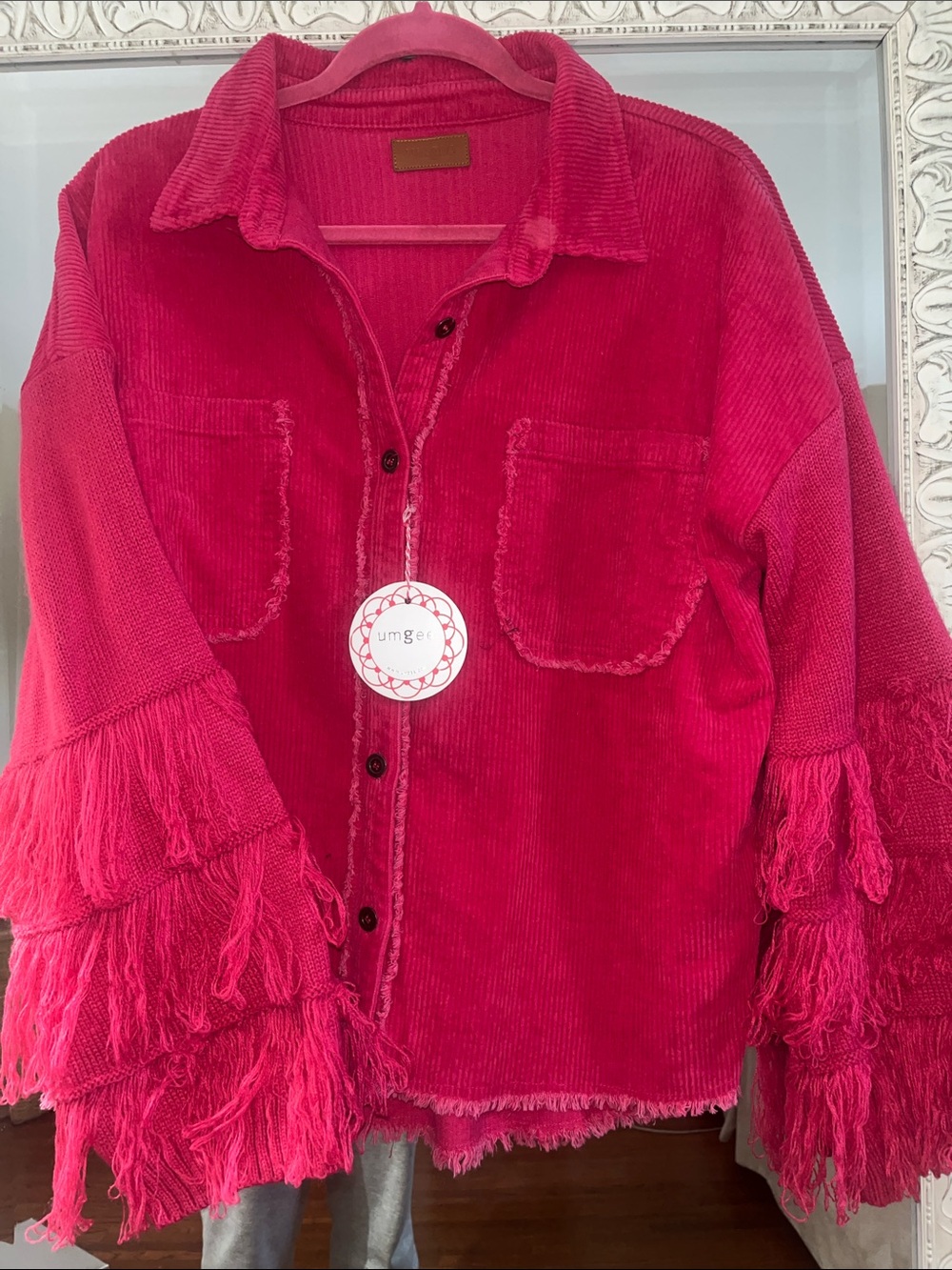 Umgee Fringe-Sleeve Corduroy Shacket